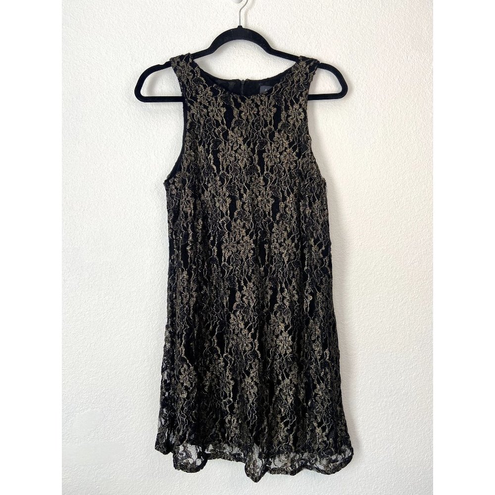 ASTR women's medium black gold metallic lace shift mini‎ dress sleeveless
